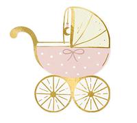 Juego de 20 servilletas para cochecito de bebé, fiesta de nacimiento, cumpleaños, fiestas, lindas servilletas, color rosa y dorado, forma de cochecito de bebé