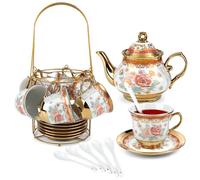 Juego de 20 tazas de té de porcelana con soporte de metal, juego de tazas de té de cerámica para 6, juego de té de flores para mujeres adultas, tetera de 1100 ml, taza de té de 220 ml, juegos de