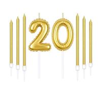 Juego de 20 velas doradas, velas largas, 20 cumpleaños, feliz cumpleaños