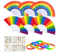 Juego de 22 abanicos de arco iris, con 6 compartimentos de arco iris, 6 bandas de goma de colores arcoíris, 10 tatuajes de arcoíris, decoración de verano, decoración de fiesta del mes del orgullo