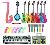Juego de 23 accesorios inflables para fiestas, juego de instrumentos inflables, guitarra inflable para niños, micrófono de saxofón pipa, radio, teclado, gafas para decoración de fiesta de discoteca