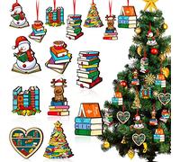 Juego de 24 adornos colgantes de libros de Navidad de madera, adorno decorativo de muñeco de nieve, campana, estantería de alce con 24 cuerdas para decoración de Navidad, 8 estilos