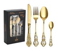 Juego de 24 cubiertos dorados de acero inoxidable - Cubiertos de plata para 6 personas con cuchillo, tenedor, cuchara, acabado espejo y apto para lavavajillas, patrón tallado