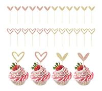 Juego de 24 decoraciones brillantes en forma de corazón para cupcakes, oro rosa y oro, magdalenas en forma de corazón, para el Día de San Valentín, bodas, compromisos, cumpleaños