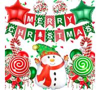 Juego de 24 globos de Navidad, pancarta de Feliz Navidad con muñeco de nieve, globo de bastón de caramelo, globos rojos y verdes para decoraciones de bastón de caramelo, decoraciones de fiesta de