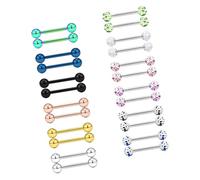 Juego de 24 piercings para lengua, uñas de la lengua, de acrílico, acero quirúrgico, para lengua, pezón, piercing multicolor, 14 mm, talla única, Acero inoxidable, Circonia cúbica