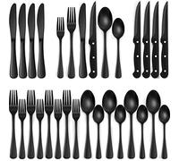 Juego de 24 piezas de plata negra con cuchillas de carne, juego de 4 utensilios de cocina de acero inoxidable de grado alimenticio, juego de utensilios con acabado espejo para el hogar y restaurante