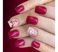 Juego de 24 prensas de uñas brillantes con forma de corazón y llamas con purpurina y cuadrados cortos, diseño para fiestas, corazón, labios, purpurina, uñas postizas