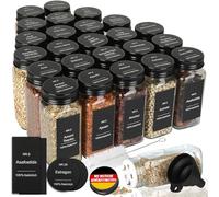 Juego de 24 tarros de especias rectangulares con bandeja para esparcir - con 360 etiquetas alemanas resistentes al agua - 120ml tarros de especias herméticos negros - Organizador de especias de vidrio