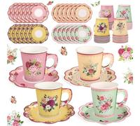 Juego de 24 tazas de té de papel desechables con asa y platos, tazas de té y platillos, estilo vintage, 200 ml, para baby shower, bodas, cumpleaños (estilo vintage)