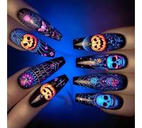 Juego de 24 uñas a presión para Halloween, formas de ataúd con esqueletos, murciélagos y calabazas, arte de uñas temático de Halloween