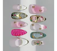 Juego de 24 uñas artificiales de varios tamaños, colores brillantes, uñas decorativas para una manicura rápida y un aspecto elegante, uñas prensadas de cristal dorado