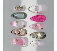 Juego de 24 uñas artificiales de varios tamaños, colores brillantes, uñas decorativas para una manicura rápida y un aspecto elegante, uñas prensadas de cristal dorado