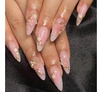 Juego de 24 uñas cortas de almendra a presión, cubiertas completas, juego de acrílico con dije floral, uñas postizas de punta francesa