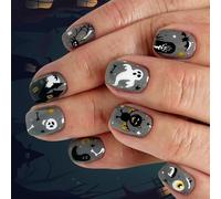 Juego de 24 uñas de Halloween con diseño de casa de terror con diseño de telaraña y brillantes motivos de murciélago, juego de uñas de esqueleto de Halloween