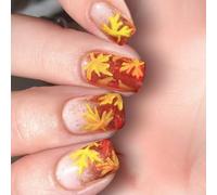 Juego de 24 uñas postizas a presión con diseño de hojas de arce amarillas brillantes degradadas, forma cuadrada corta, uñas artificiales