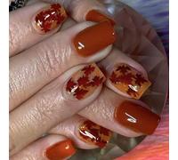 Juego de 24 uñas postizas a presión con temática de hojas, diseño europeo brillante, cortas y cuadradas, puntas de uñas artificiales de uso rápido