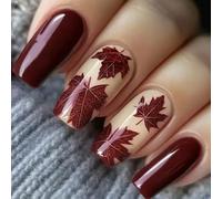 Juego de 24 uñas postizas brillantes para otoño e invierno, no necesitan herramientas, cómodas para uso diario, color rojo vino