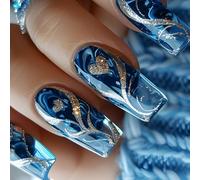 Juego de 24 uñas postizas con purpurina dorada, decoración de corazón, color azul, cuadradas, para mujeres y niñas elegantes, uñas artificiales