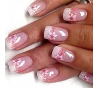 Juego de 24 uñas postizas cortas artificiales con flores acrílicas para mujer, 24 piezas