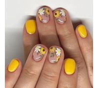 Juego de 24 uñas postizas cuadradas cortas con temática de flores amarillas