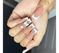 Juego de 24 uñas postizas cuadradas largas con lazos de flores francesas, uñas postizas para mujer, accesorios de uñas de fiesta