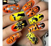 Juego de 24 uñas postizas de Halloween con forma de ataúd con calabaza, arte de telaraña fantasma para fiestas y eventos festivos, calabaza, murciélago, uñas postizas fantasmas
