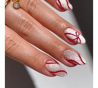 Juego de 24 uñas postizas ovaladas blancas, decoración de líneas navideñas, elegantes, para uso diario, festivas