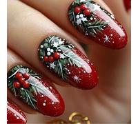 Juego de 24 uñas postizas ovaladas con diseño de bayas rojas brillantes de Navidad para eventos festivos, Navidad