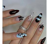 Juego de 24 uñas postizas reutilizables con forma de almendra brillante a rayas azules claras para mujeres, fiestas, uso diario, juego de arte de uñas con estrellas