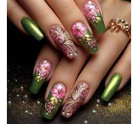Juego de 24 uñas postizas tipo ataúd a presión con diseños florales que ofrecen comodidad y estilos para los entusiastas del arte de uñas de moda
