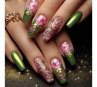 Juego de 24 uñas postizas tipo ataúd a presión con diseños florales que ofrecen comodidad y estilos para los entusiastas del arte de uñas de moda