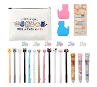 Juego de 25 Bonitos Gatos de Papelería, Incluye 12 Bolígrafos Kawaii, 1 Paquete Memo Pad Notas Adhesivas, 3PC Bolígrafo de 10-1 Colores, 1 Bolsa Blanca para Gatos, 6 Clips Oficina, 60 Notas Adhesivas