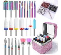 Juego de 25 brocas para uñas con soporte rosa y 75 bandas de lijado de 3 colores, 3/32'' fresas torno para uñas de carburo diamante cerámica para quitar esmalte de uñas de gel acrílico y polivinílico
