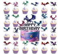 Juego de 25 piezas de decoración para tartas de dragón, tema de dragón, fiesta de cumpleaños, decoración de tartas de cumpleaños para niños, artículo de cumpleaños de animales míos, artículos de