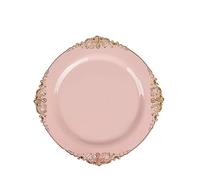 Juego de 25 platos redondos de plástico para ensalada de postre de 19 cm, color blanco, negro y rosa, platos de plástico reutilizables de 26 cm, con hoja en relieve, borde dorado (oro rosa, 19 cm)