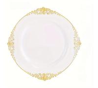 Juego de 25 platos redondos de plástico para ensalada de postre de 19 cm, color blanco, negro y rosa, platos de plástico reutilizables de 26 cm, con hoja en relieve, borde dorado (dorado, 26 cm)