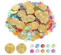 Juego de 250 Piezas del Tesoro Pirata, 50 Monedas de Oro + 200 Gemas, Juguetes del Tesoro Pirata para Fiestas Temáticas Piratas, Juegos Búsqueda Tesoro, Fiestas de Cumpleaños, Halloween Juguete