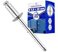 Juego de 250 Piezas Remaches Aluminio Ø 4,8x28 mm - Orificio para Montaje Ø 5 mm Rango de Sujeción 23,5-25,5 mm - Remaches Fabricados en Aluminio y Acero - MONTERAL
