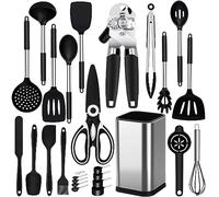 Juego de 26 utensilios de cocina de silicona, utensilios de cocina resistentes al calor con soporte para utensilios de cocina, cuchara de cocina, antiadherente sin BPA, apto para lavavajillas, negro