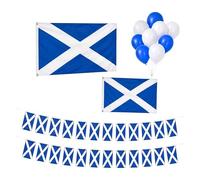 Juego de 28 piezas de fiesta de Escocia para la Copa Mundial de la FIFA 2026, bandera escocesa de 8 x 5 pies, bandera escocesa de 5 x 3 pies, 25 banderines de 10 m y 25 globos azules y blancos