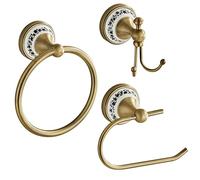 Juego de 3 accesorios de baño con porcelana de latón antiguo, portarrollos de papel higiénico, anillo para toallas y ganchos dobles, juego vintage para baño y WC