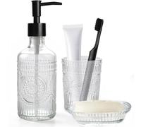 Juego de 3 accesorios de baño de cristal transparente, dispensador de jabón con diseño de girasol, dispensador de jabón de cristal de 500 ml, jabonera y vaso para cepillos de dientes, accesorios de