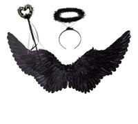 Juego de 3 Alas de Ángel Negro Grande con Halo y Varita Mágica,105 cm Negro Devil Wings Angel Costume Ladies Accessories for Halloween Carnival Cosplay Party Fasching Disguise