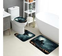 Juego de 3 Alfombras de Baño Casa embrujada Espeluznante de Halloween y murciélagos en una Noche Oscura y Espeluznante Cómoda Alfombra de Contorno Secado Rápido Cubierta de WC para WC