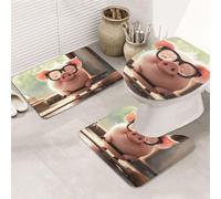 Juego de 3 alfombras de baño con diseño de cerdito con gafas que ama aprender, alfombrilla de baño + alfombrilla de contorno + funda para asiento de inodoro, lavable a máquina, antideslizante, de