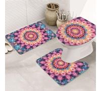Juego de 3 alfombras de baño con estampado de flores coloridas, alfombrilla de baño + alfombrilla de contorno + funda de asiento de inodoro, lavable a máquina, antideslizante, de microfibra suave