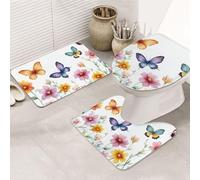 Juego de 3 alfombras de baño con estampado de flores y mariposas, alfombrilla de baño + alfombrilla de contorno + funda para asiento de inodoro, lavable a máquina, antideslizante, de microfibra suave