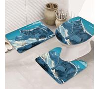 Juego de 3 alfombras de baño con estampado de lobo solitario en un pico nevado de montaña nevada, alfombrilla de baño + alfombrilla de contorno + funda de asiento de inodoro, lavable a máquina