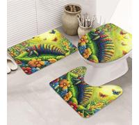 Juego de 3 alfombras de baño con estampado de oruga en un jardín soleado, alfombrilla de baño + alfombrilla de contorno + funda para asiento de inodoro, lavable a máquina, antideslizante, de